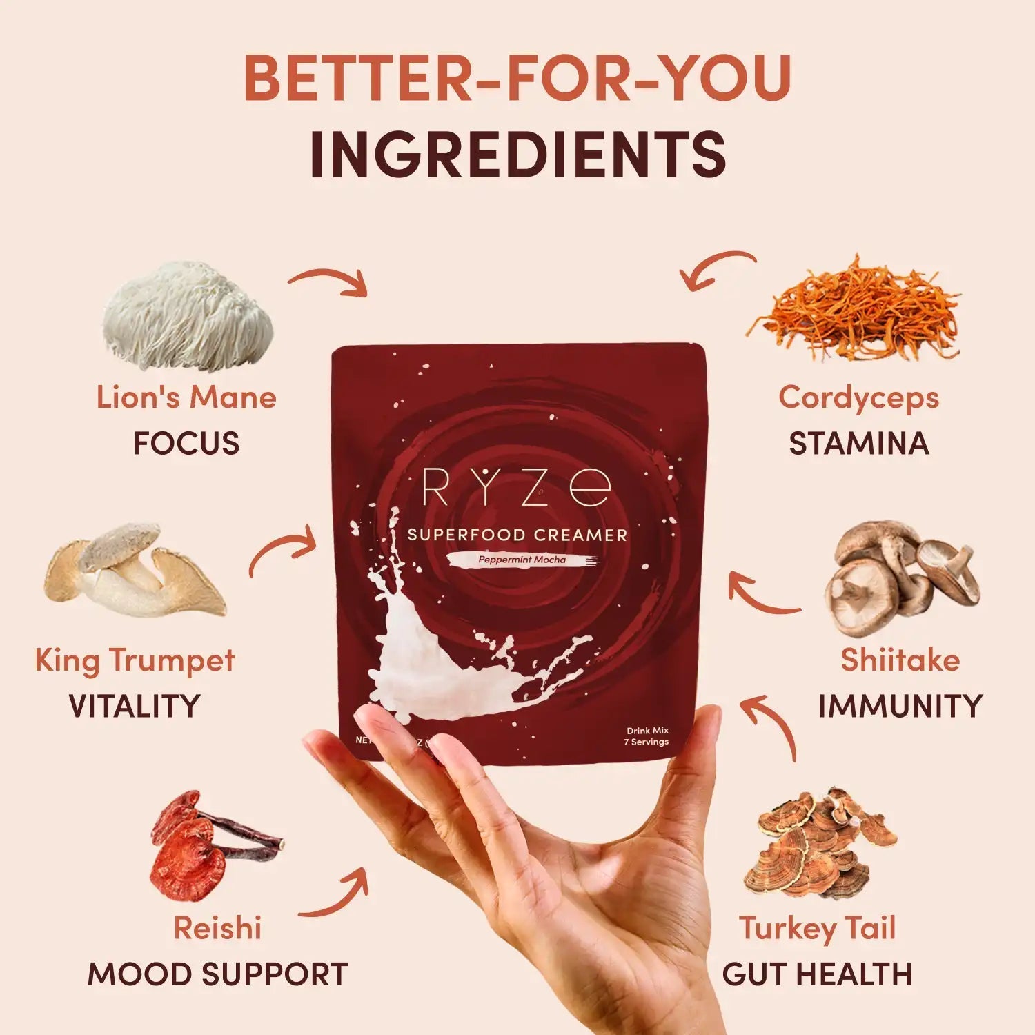 RYZE superfood creamer with mushroom ingredients and health benefits diagram