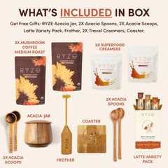 Promotional image of RYZE products including coffee, spoons, and other items with text detailing what's included in a box.