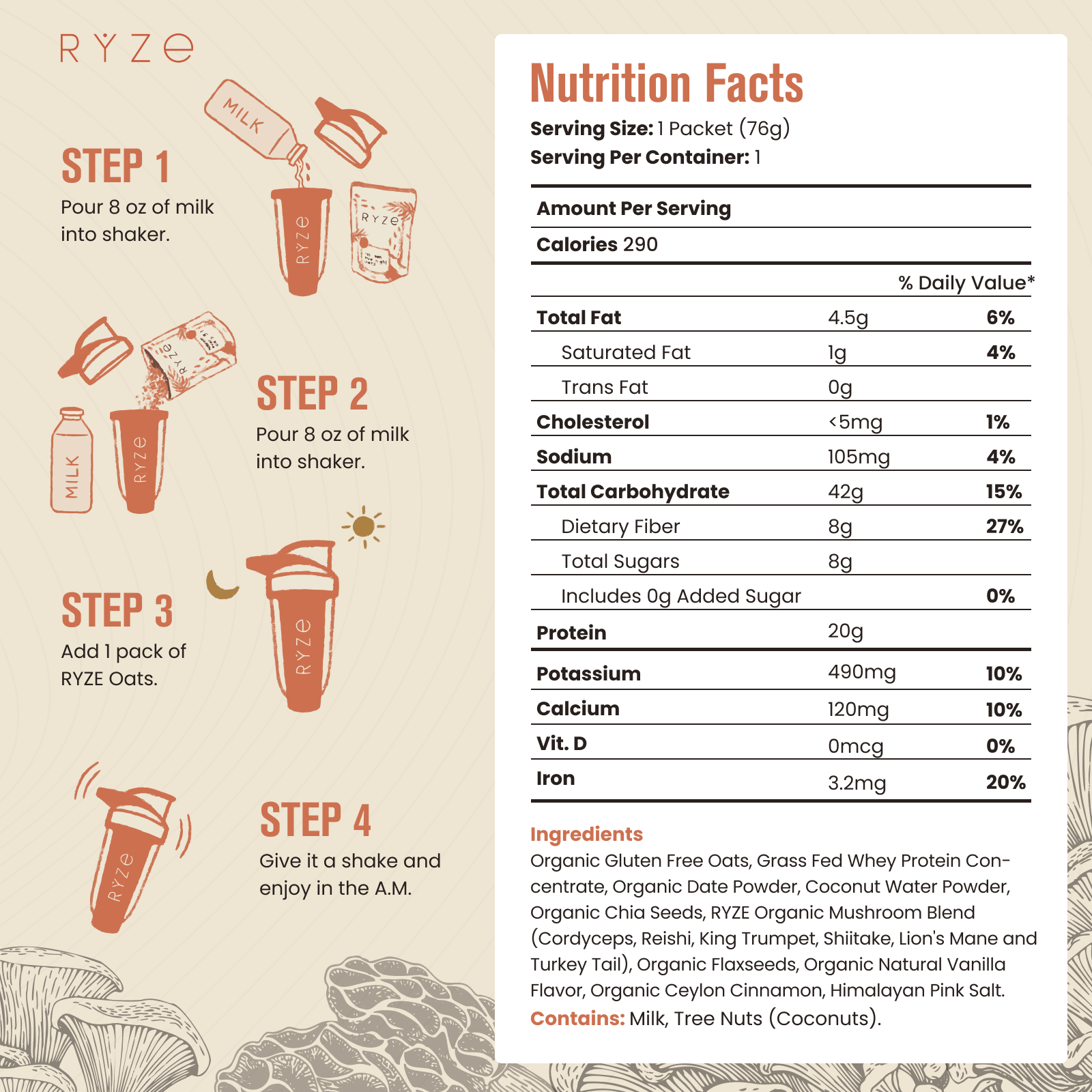 RYZE Mushroom Overnight Oats Pack (14 Servings)
